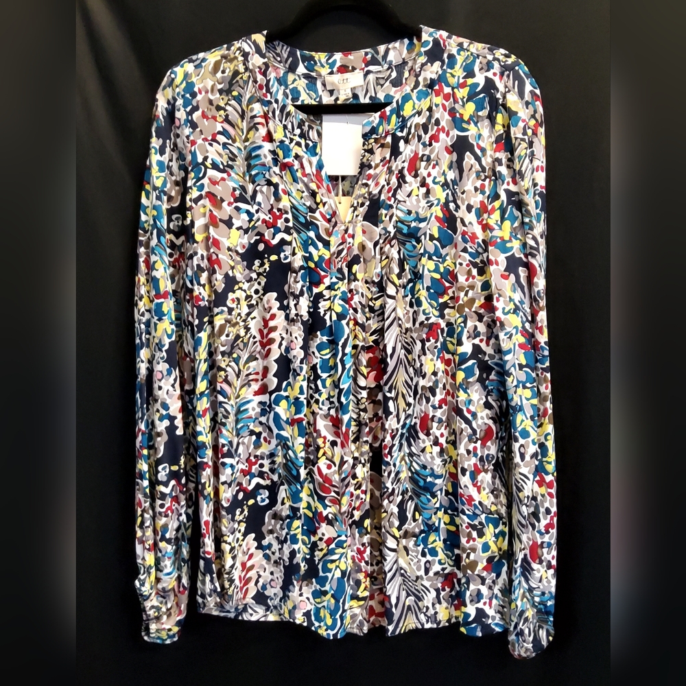 OTT - multi colored abstract, lightweight, l/s open v neck ladies blouse